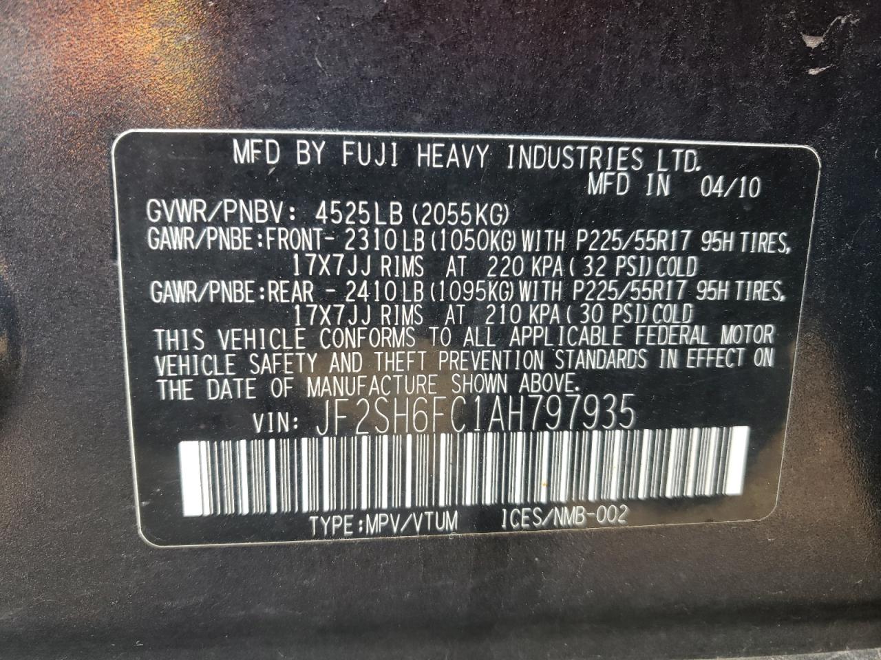 Photo 10 from auction – 2010 SUBARU FORESTER 2 with VIN JF2SH6FC1AH797935