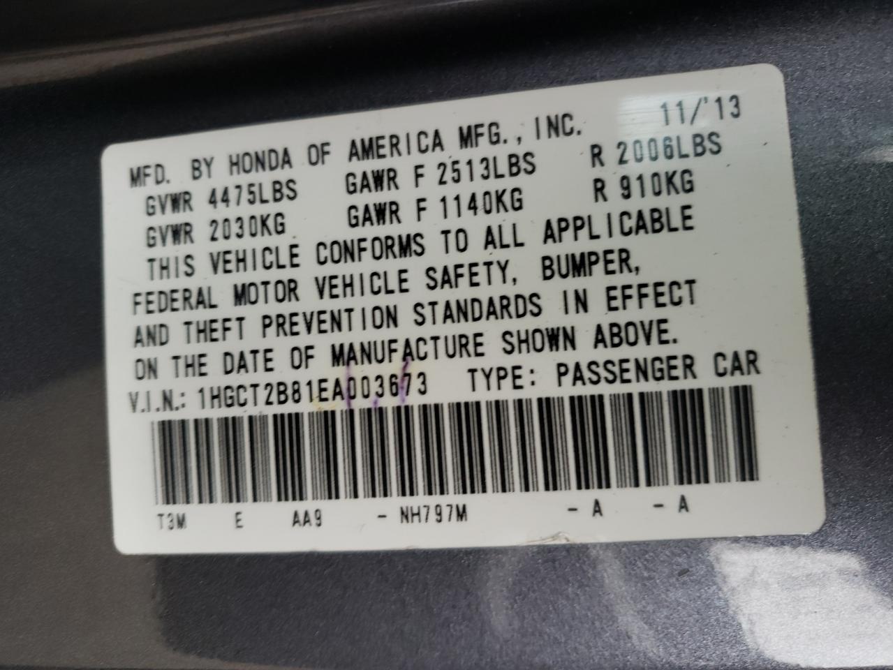 Photo 10 from auction – 2014 HONDA ACCORD EXL with VIN 1HGCT2B81EA003673