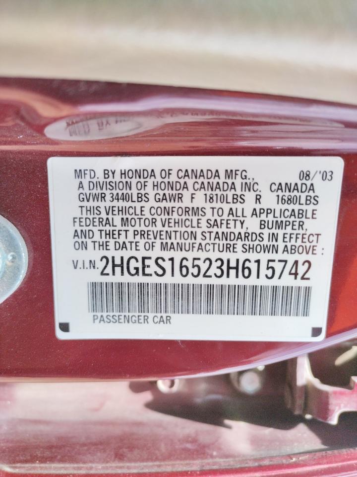 Photo 10 from auction – 2003 HONDA CIVIC LX with VIN 2HGES16523H615742