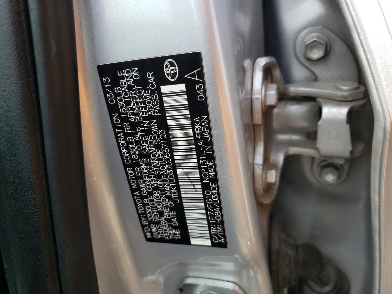 Photo 10 from auction – 2013 TOYOTA YARIS with VIN JTDKTUD37DD567123