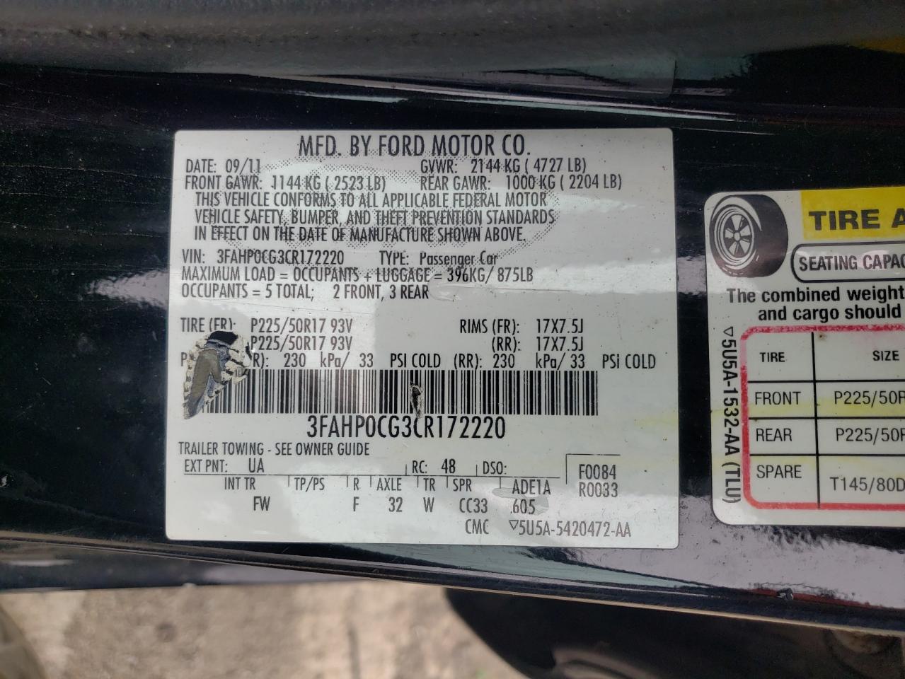 Photo 10 from auction – 2012 FORD FUSION SEL with VIN 3FAHP0CG3CR172220