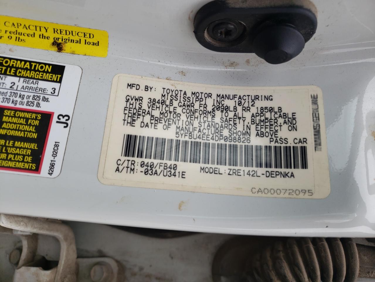 Photo 10 from auction – 2013 TOYOTA COROLLA BA with VIN 5YFBU4EE4DP098826