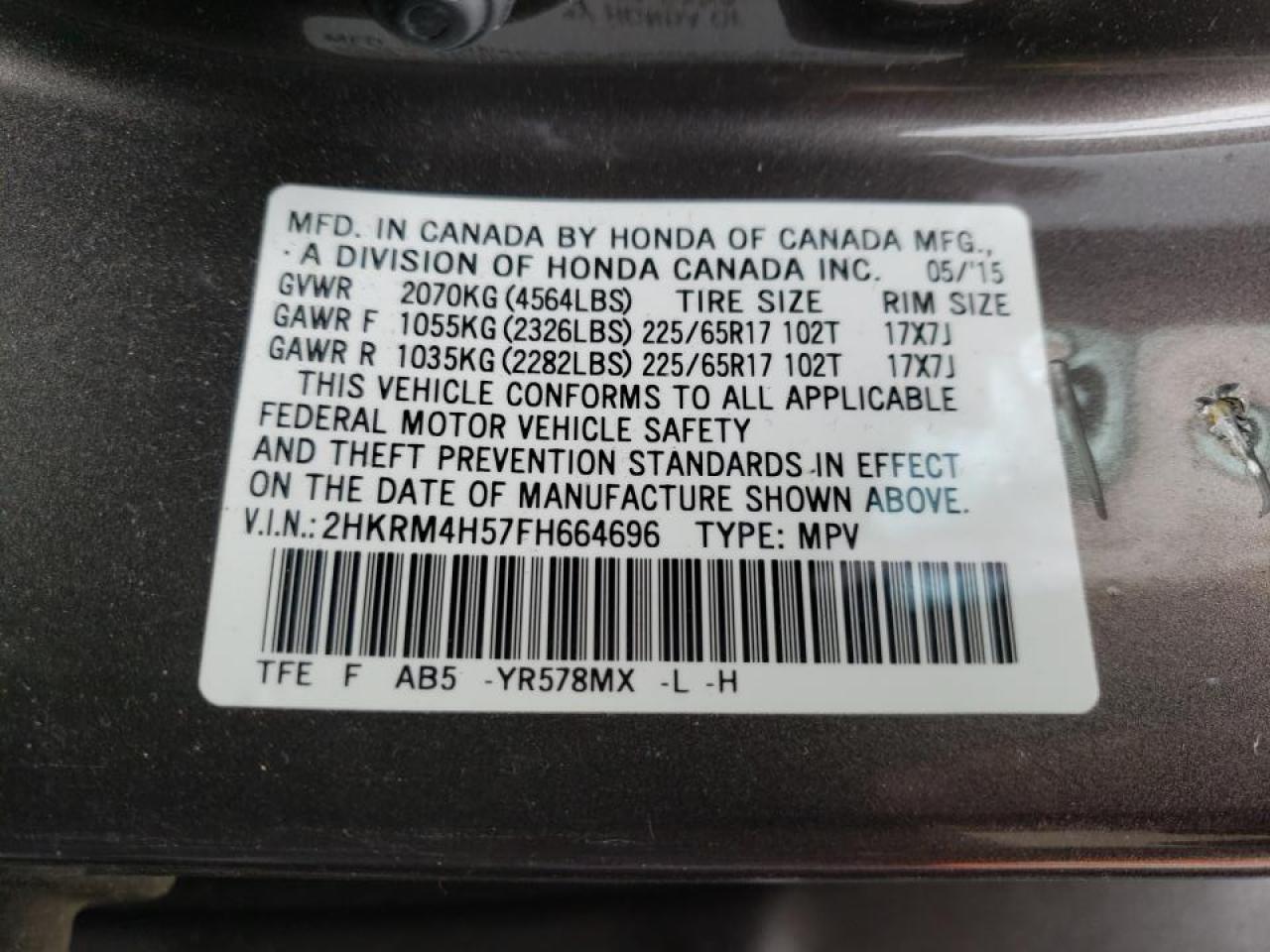 Photo 10 from auction – 2015 HONDA CR-V EX with VIN 2HKRM4H57FH664696