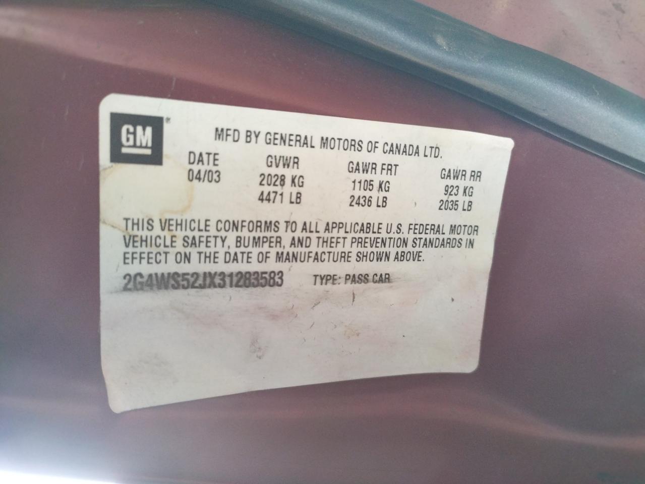 Photo 10 from auction – 2003 BUICK CENTURY CU with VIN 2G4WS52JX31283583