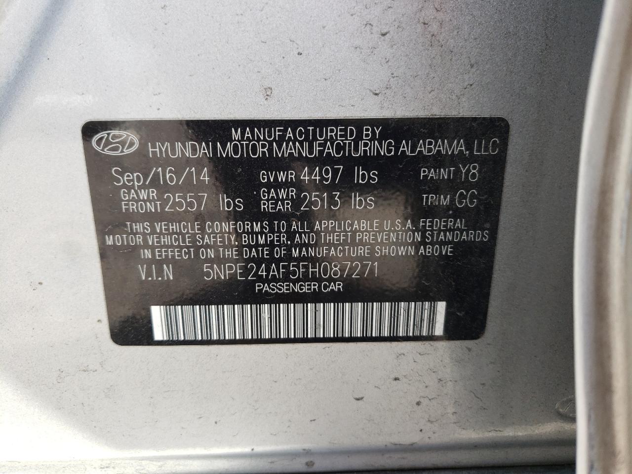 Photo 10 from auction – 2015 HYUNDAI SONATA SE with VIN 5NPE24AF5FH087271