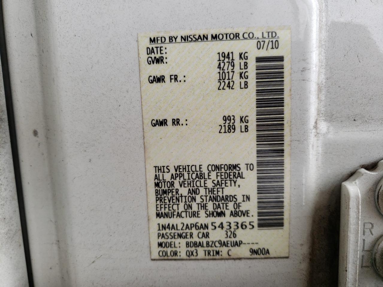 Photo 10 from auction – 2010 NISSAN ALTIMA BAS with VIN 1N4AL2AP6AN543365