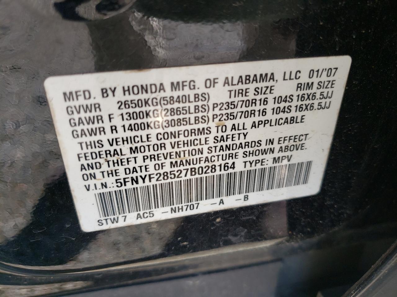Photo 10 from auction – 2007 HONDA PILOT EXL with VIN 5FNYF28527B028164