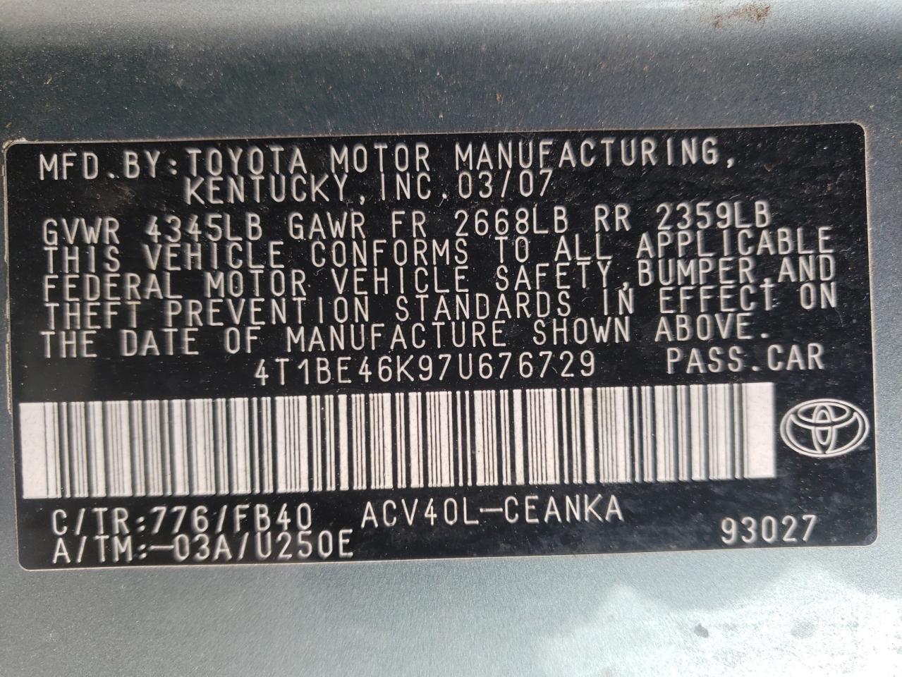 Photo 10 from auction – 2007 TOYOTA CAMRY with VIN 4T1BE46K97U676729