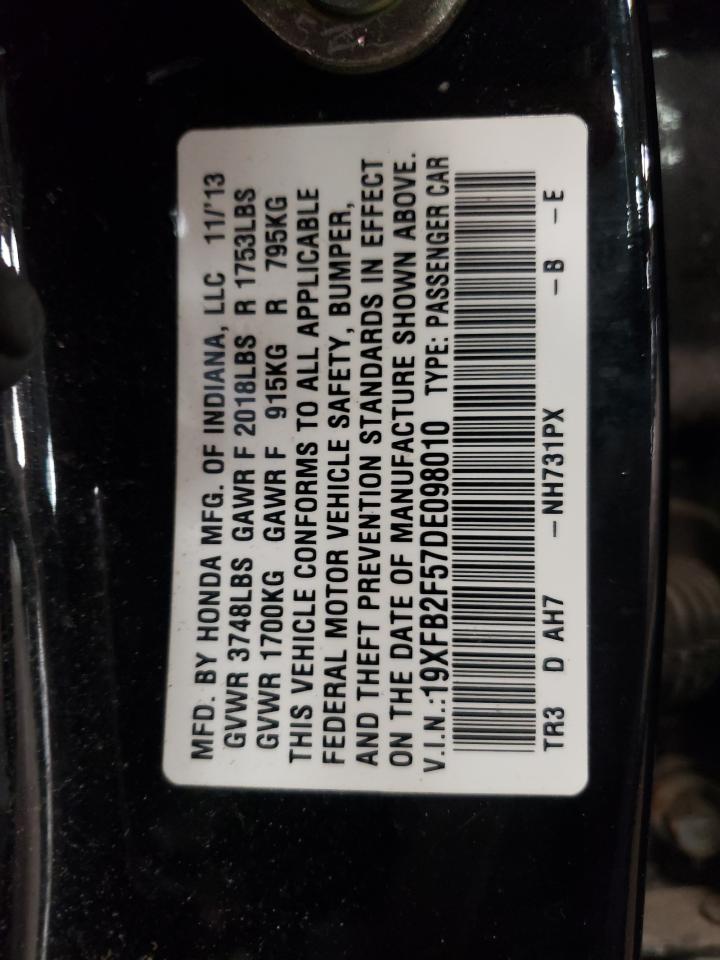 Photo 10 from auction – 2013 HONDA CIVIC with VIN 19XFB2F57DE098010