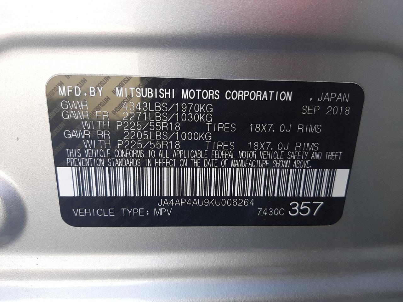 Photo 10 from auction – 2019 MITSUBISHI OUTLANDER with VIN JA4AP4AU9KU006264