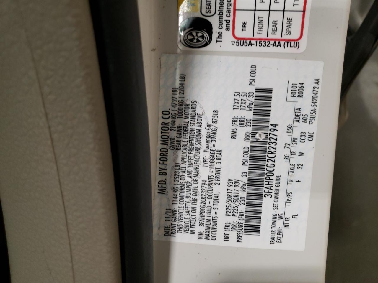 Photo 10 from auction – 2012 FORD FUSION SEL with VIN 3FAHP0CG2CR232794