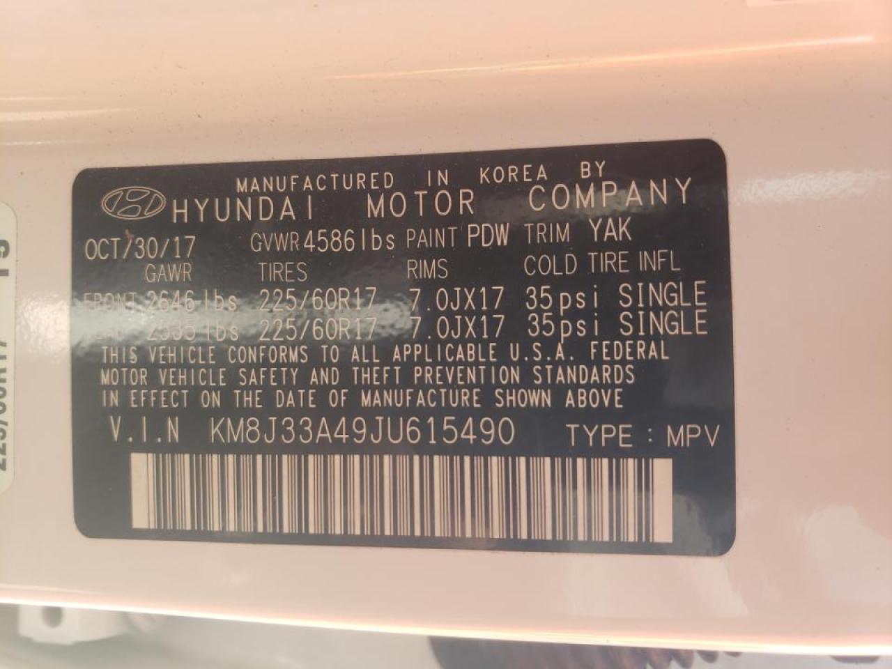 Photo 10 from auction – 2018 HYUNDAI TUCSON SEL with VIN KM8J33A49JU615490