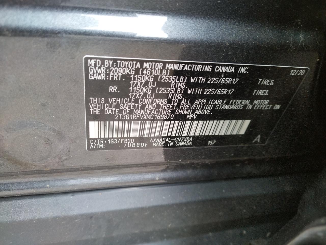 Photo 10 from auction – 2021 TOYOTA RAV4 LE with VIN 2T3G1RFVXMC169870