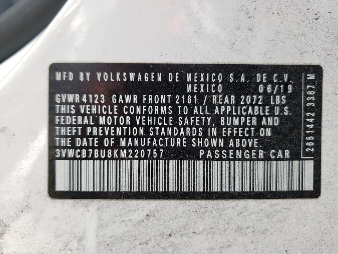 Photo 10 from auction – 2019 VOLKSWAGEN JETTA S with VIN 3VWCB7BU8KM220757
