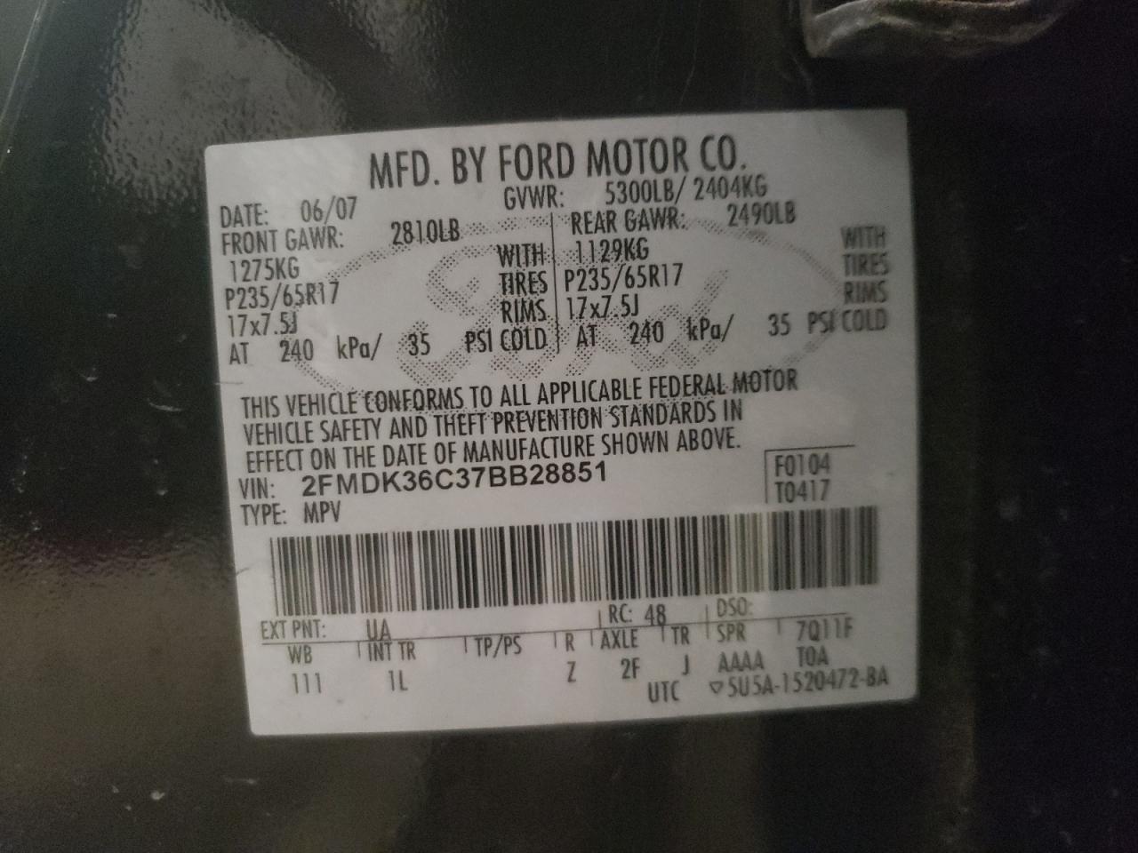 Photo 10 from auction – 2007 FORD EDGE SE with VIN 2FMDK36C37BB28851