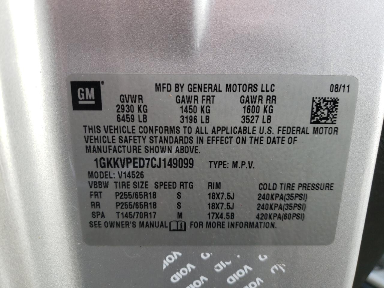 Photo 10 from auction – 2012 GMC ACADIA SLE with VIN 1GKKVPED7CJ149099