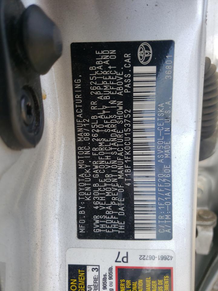 Photo 10 from auction – 2012 TOYOTA CAMRY BASE with VIN 4T1BF1FK0CU153752