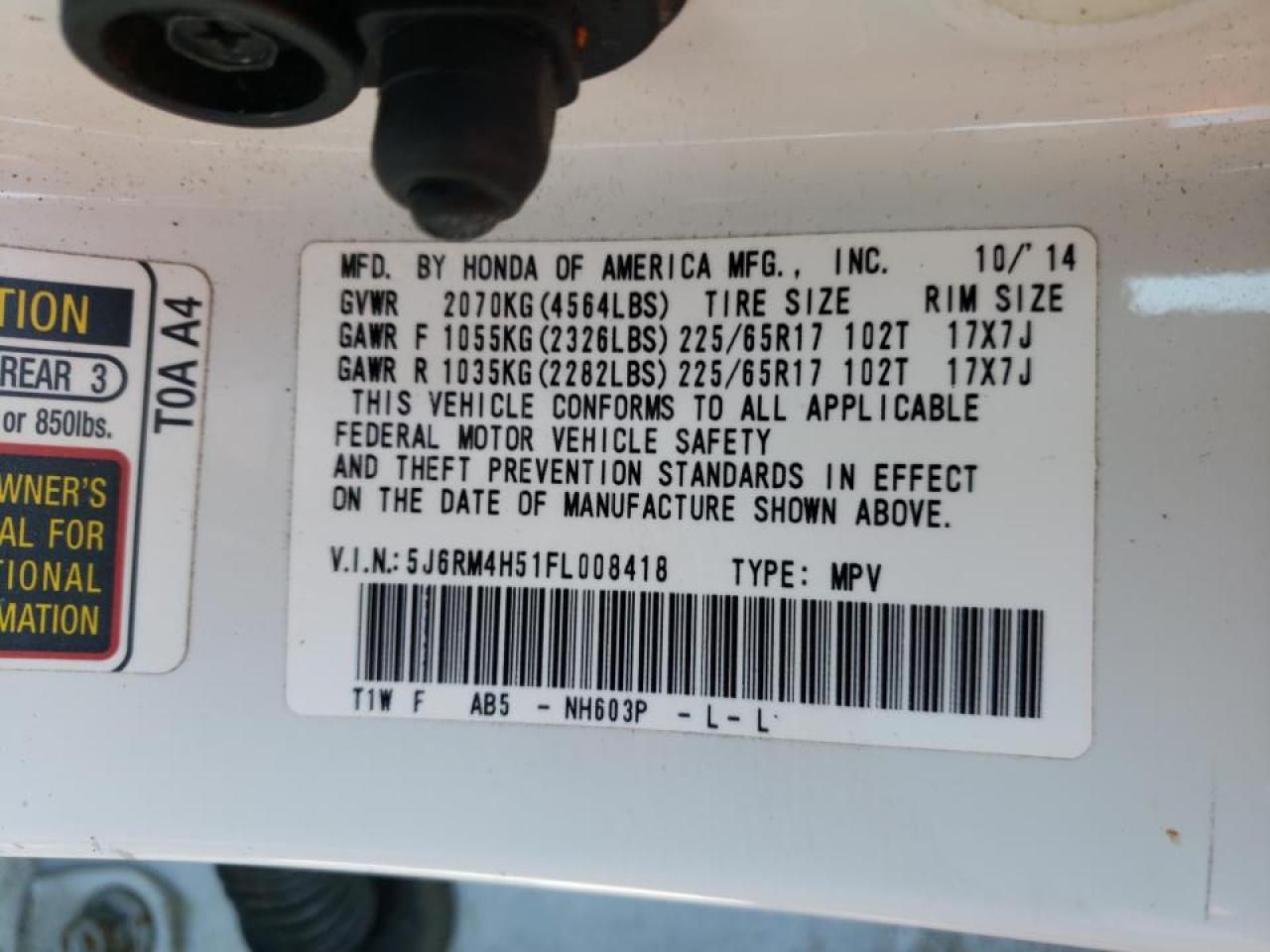 Photo 10 from auction – 2015 HONDA CR-V EX with VIN 5J6RM4H51FL008418
