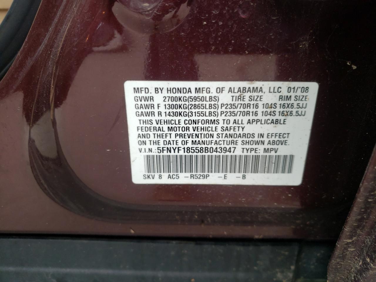 Photo 10 from auction – 2008 HONDA PILOT EXL with VIN 5FNYF18558B043947