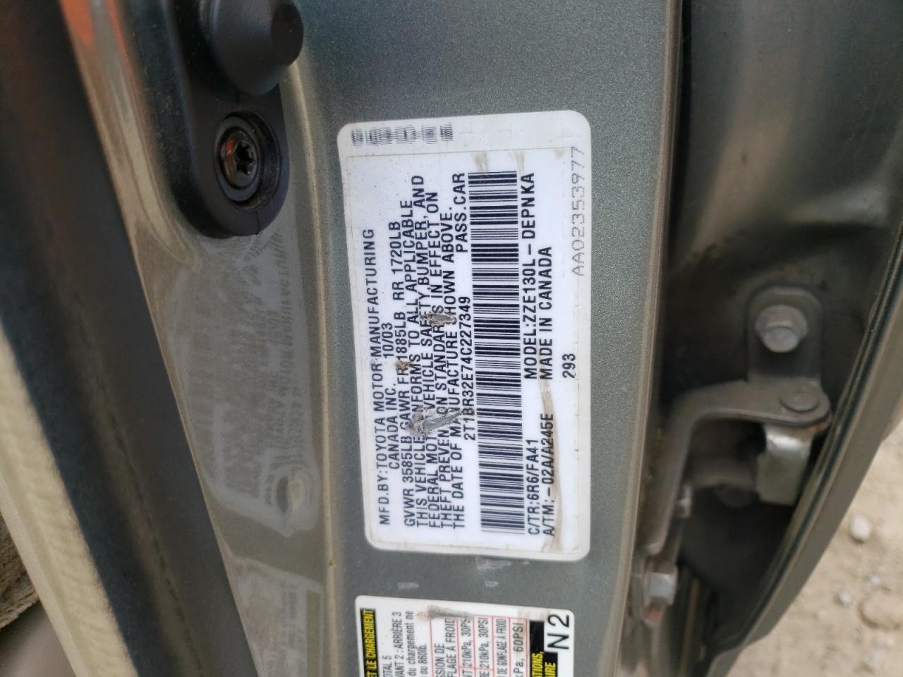Photo 10 from auction – 2004 TOYOTA COROLLA CE with VIN 2T1BR32E74C227349