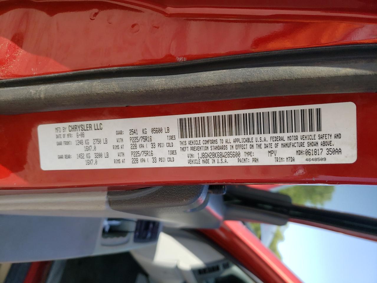 Photo 10 from auction – 2008 JEEP LIBERTY SP with VIN 1J8GN28K68W285600