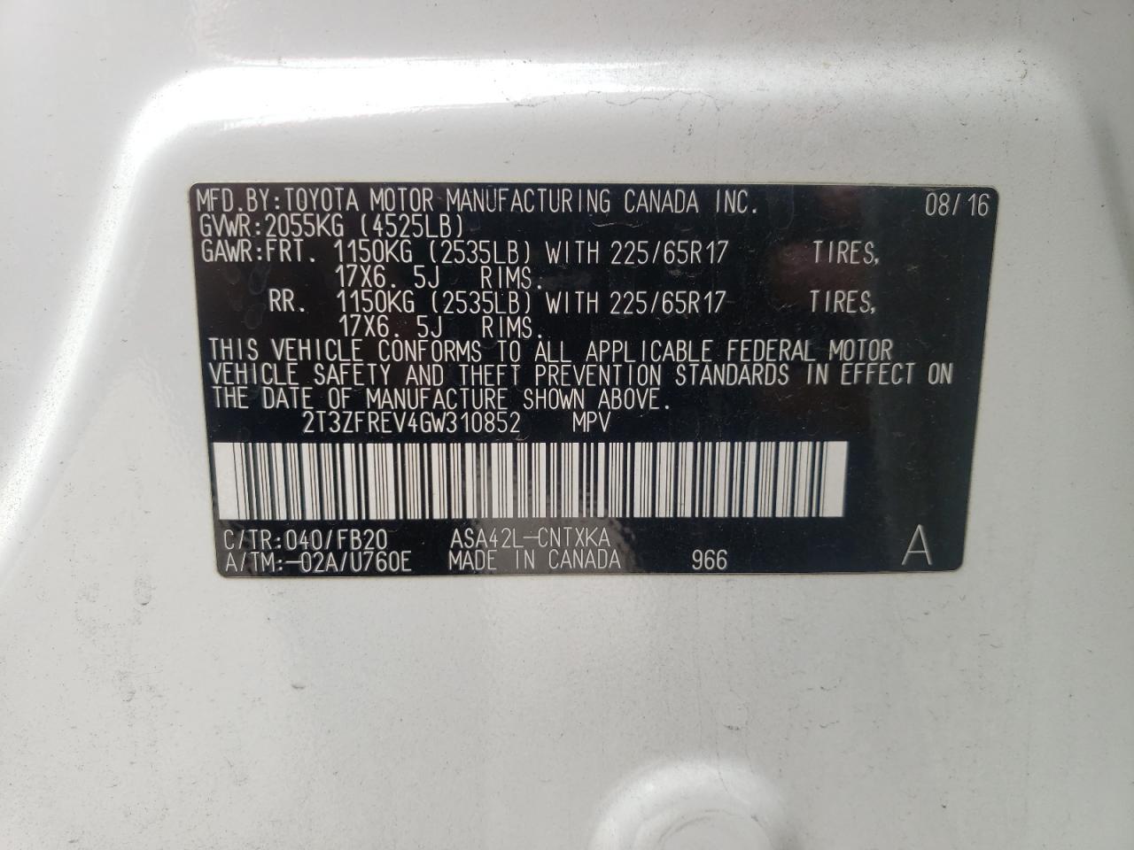 Photo 10 from auction – 2016 TOYOTA RAV4 LE with VIN 2T3ZFREV4GW310852