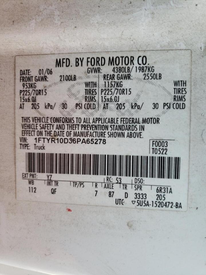 Photo 10 from auction – 2006 FORD RANGER with VIN 1FTYR10D36PA65278