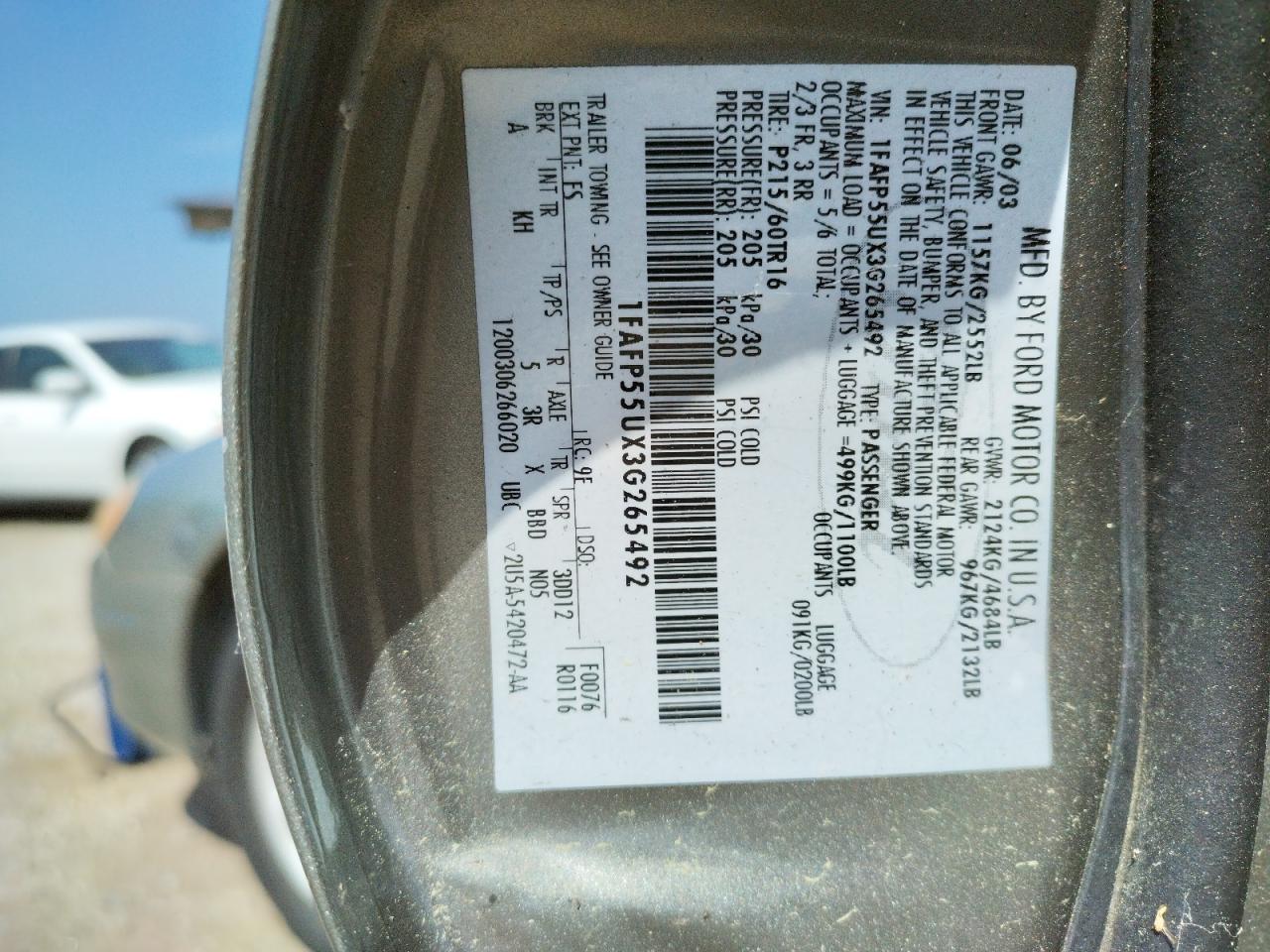Photo 10 from auction – 2003 FORD TAURUS SES with VIN 1FAFP55UX3G265492