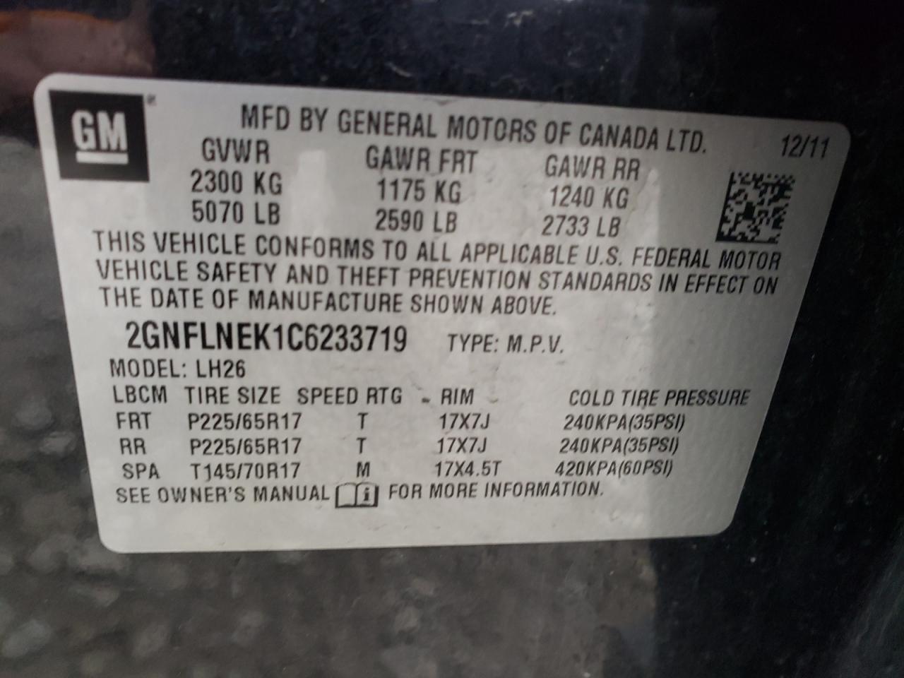 Photo 10 from auction – 2012 CHEVROLET EQUINOX LT with VIN 2GNFLNEK1C6233719