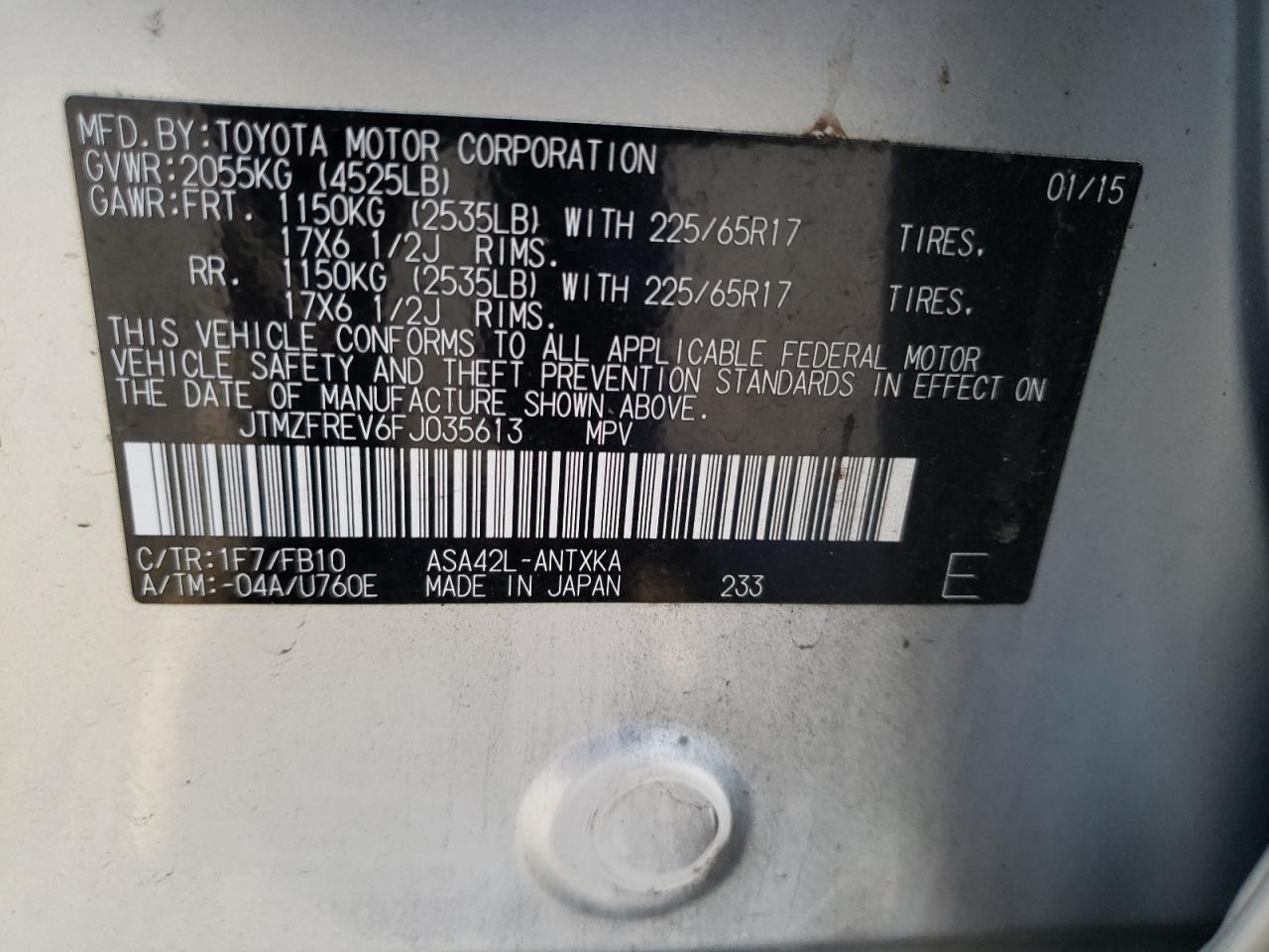 Photo 10 from auction – 2015 TOYOTA RAV4 LE with VIN JTMZFREV6FJ035613
