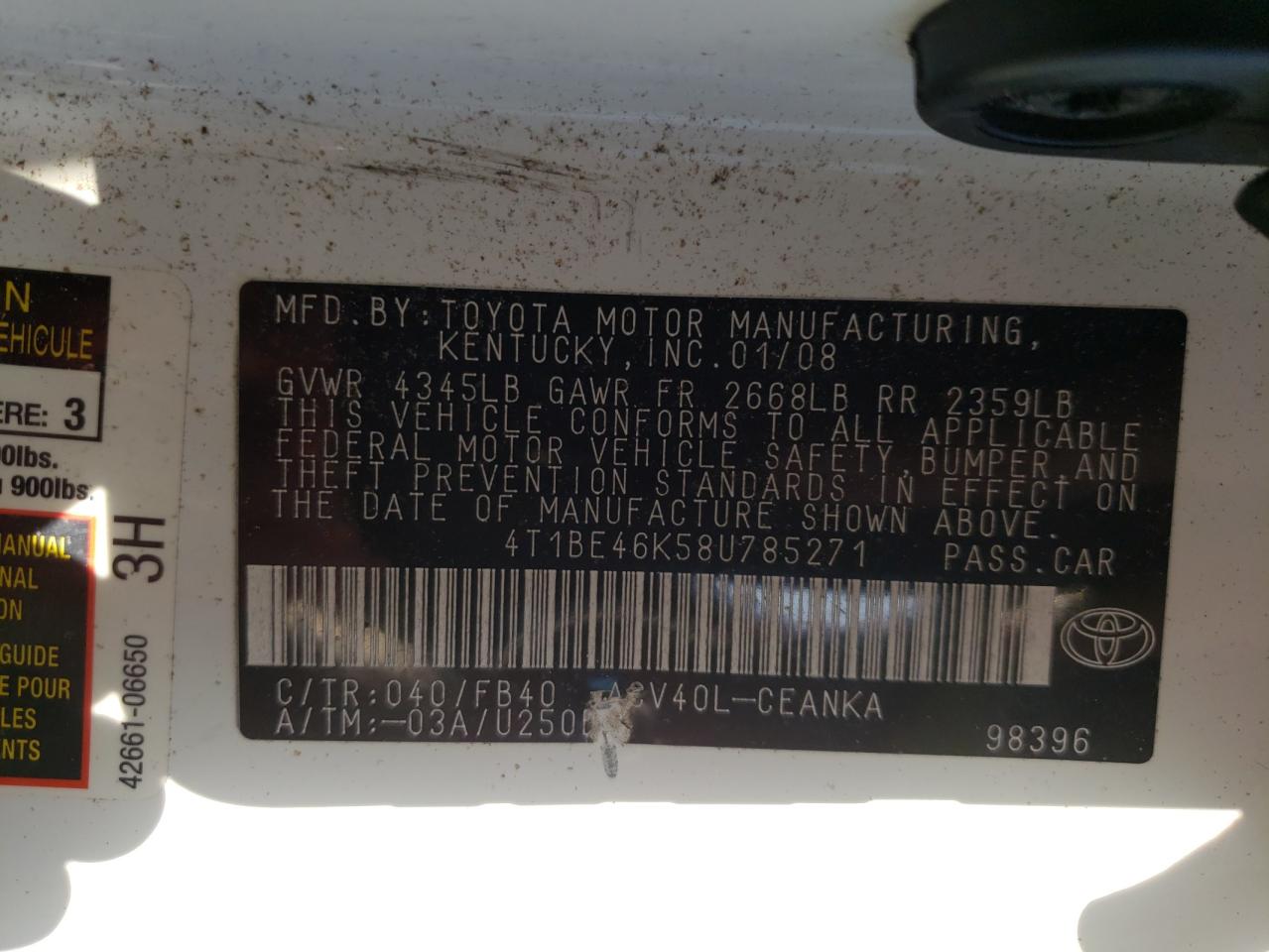 Photo 10 from auction – 2008 TOYOTA CAMRY CE with VIN 4T1BE46K58U785271