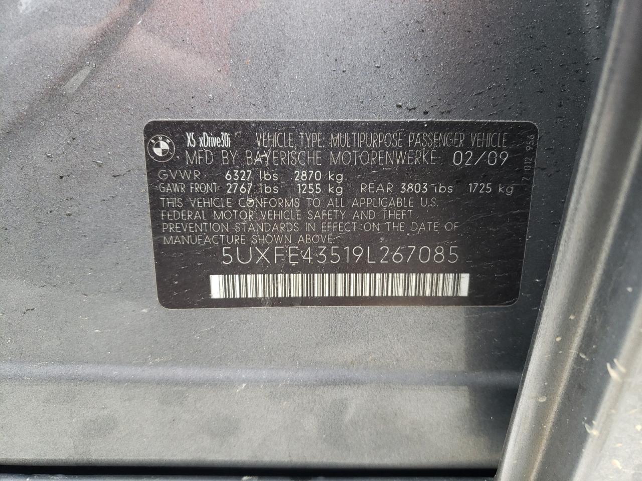 Photo 10 from auction – 2009 BMW X5 XDRIVE3 with VIN 5UXFE43519L267085
