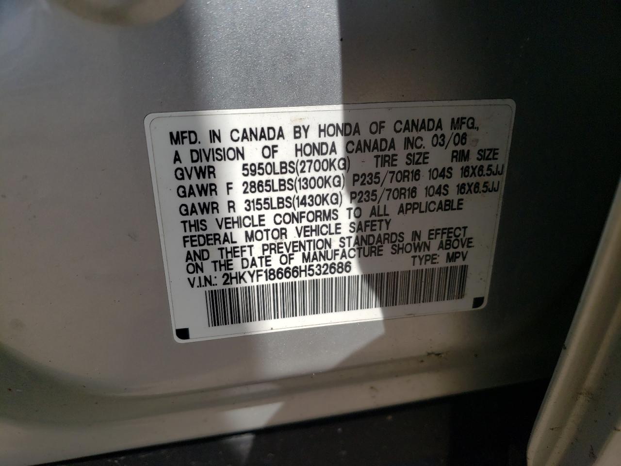 Photo 10 from auction – 2006 HONDA PILOT EX with VIN 2HKYF18666H532686