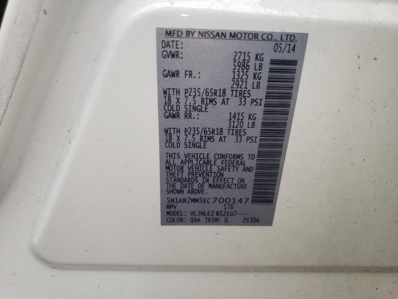 Photo 10 from auction – 2014 NISSAN PATHFINDER with VIN 5N1AR2MM5EC700147