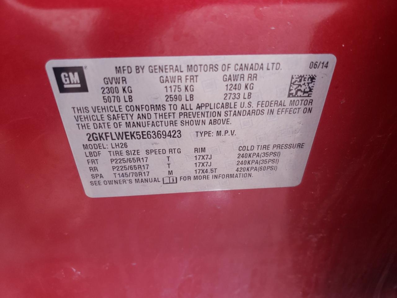Photo 10 from auction – 2014 GMC TERRAIN SL with VIN 2GKFLWEK5E6369423