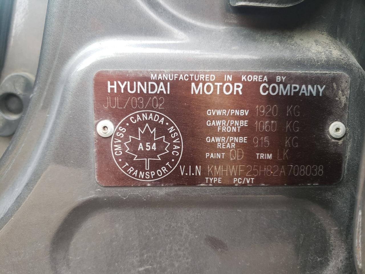 Photo 10 from auction – 2002 HYUNDAI SONATA GL with VIN KMHWF25H82A708038