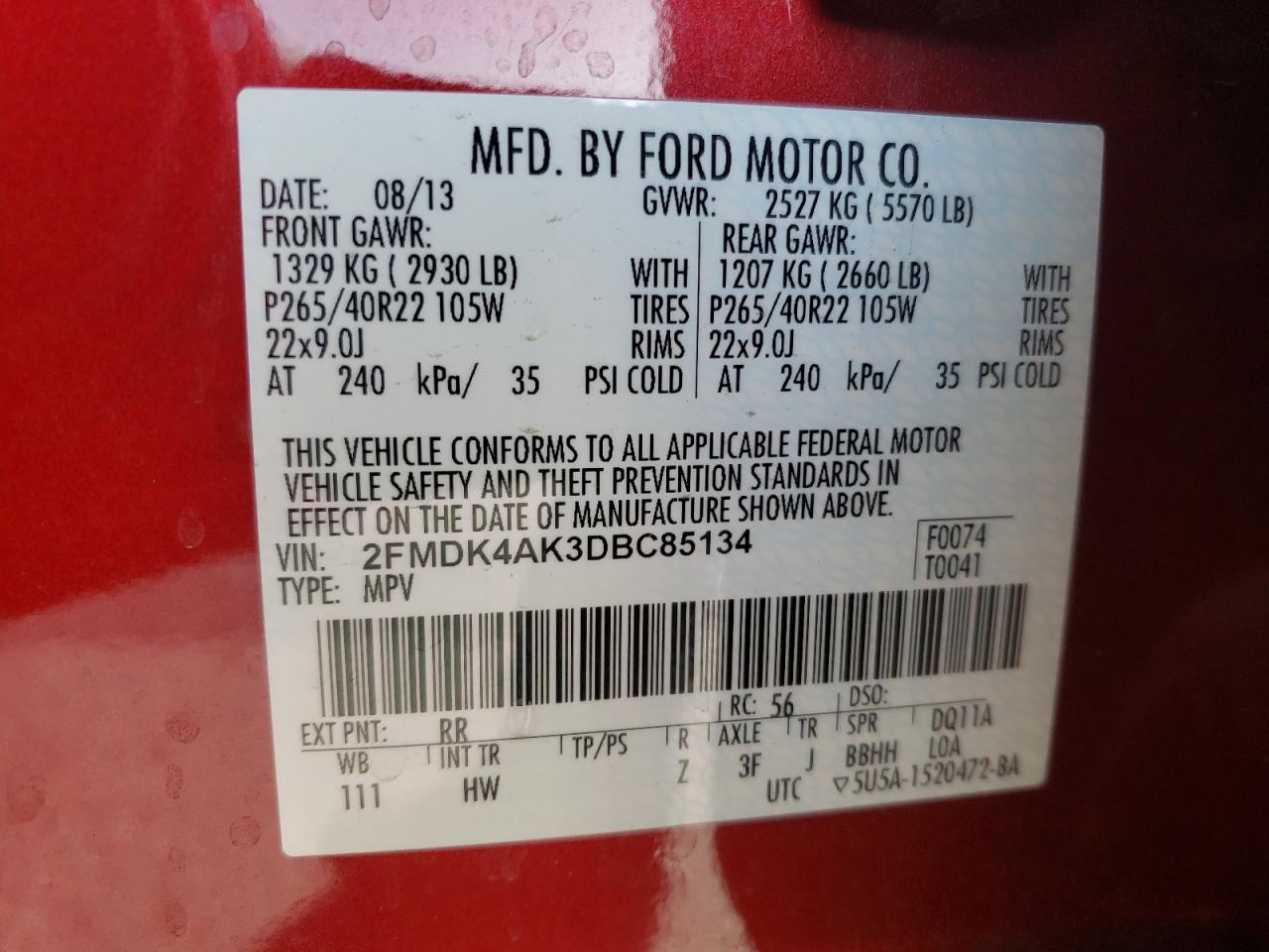Photo 10 from auction – 2013 FORD EDGE SPORT with VIN 2FMDK4AK3DBC85134