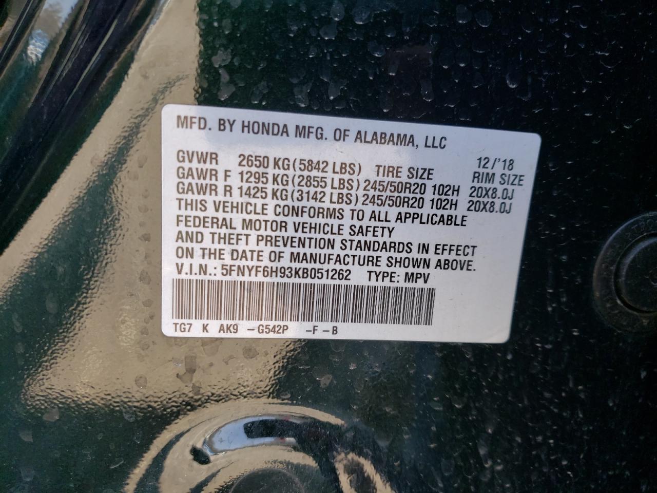 Photo 10 from auction – 2019 HONDA PILOT TOUR with VIN 5FNYF6H93KB051262