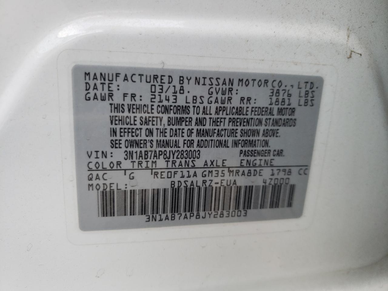 Photo 10 from auction – 2018 NISSAN SENTRA S with VIN 3N1AB7AP8JY283003