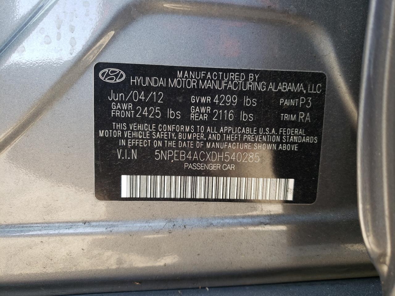 Photo 10 from auction – 2013 HYUNDAI SONATA GLS with VIN 5NPEB4ACXDH540285