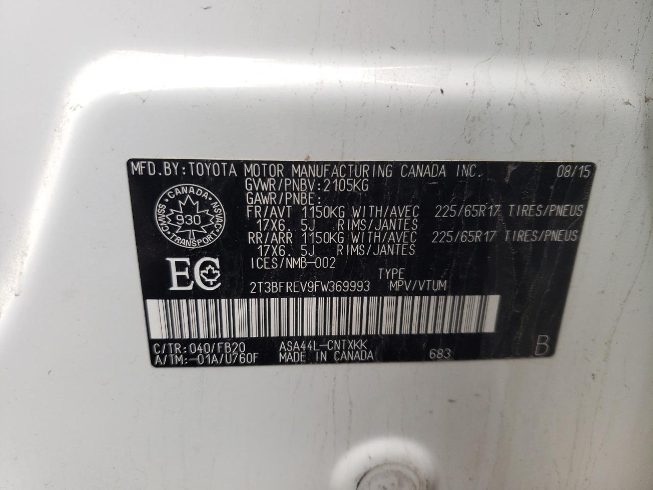 Photo 10 from auction – 2015 TOYOTA RAV4 LE with VIN 2T3BFREV9FW369993