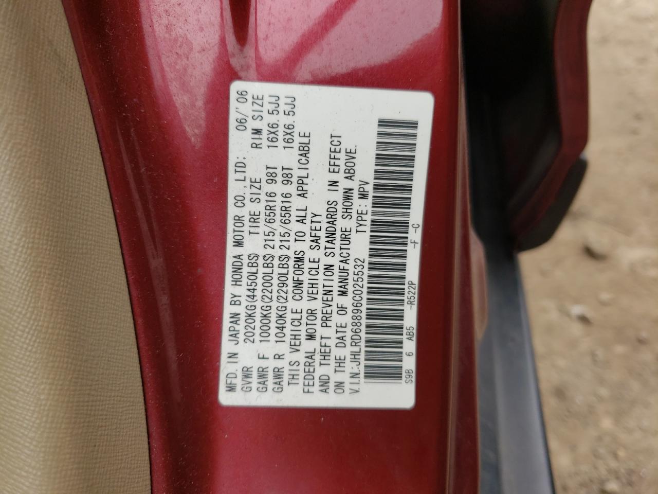 Photo 10 from auction – 2006 HONDA CR-V EX with VIN JHLRD68896C025532