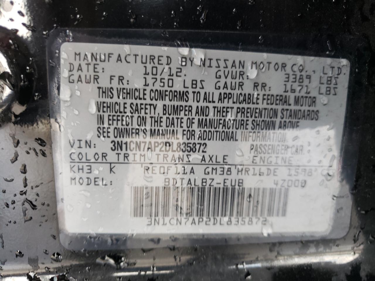 Photo 10 from auction – 2013 NISSAN VERSA S with VIN 3N1CN7AP2DL835872