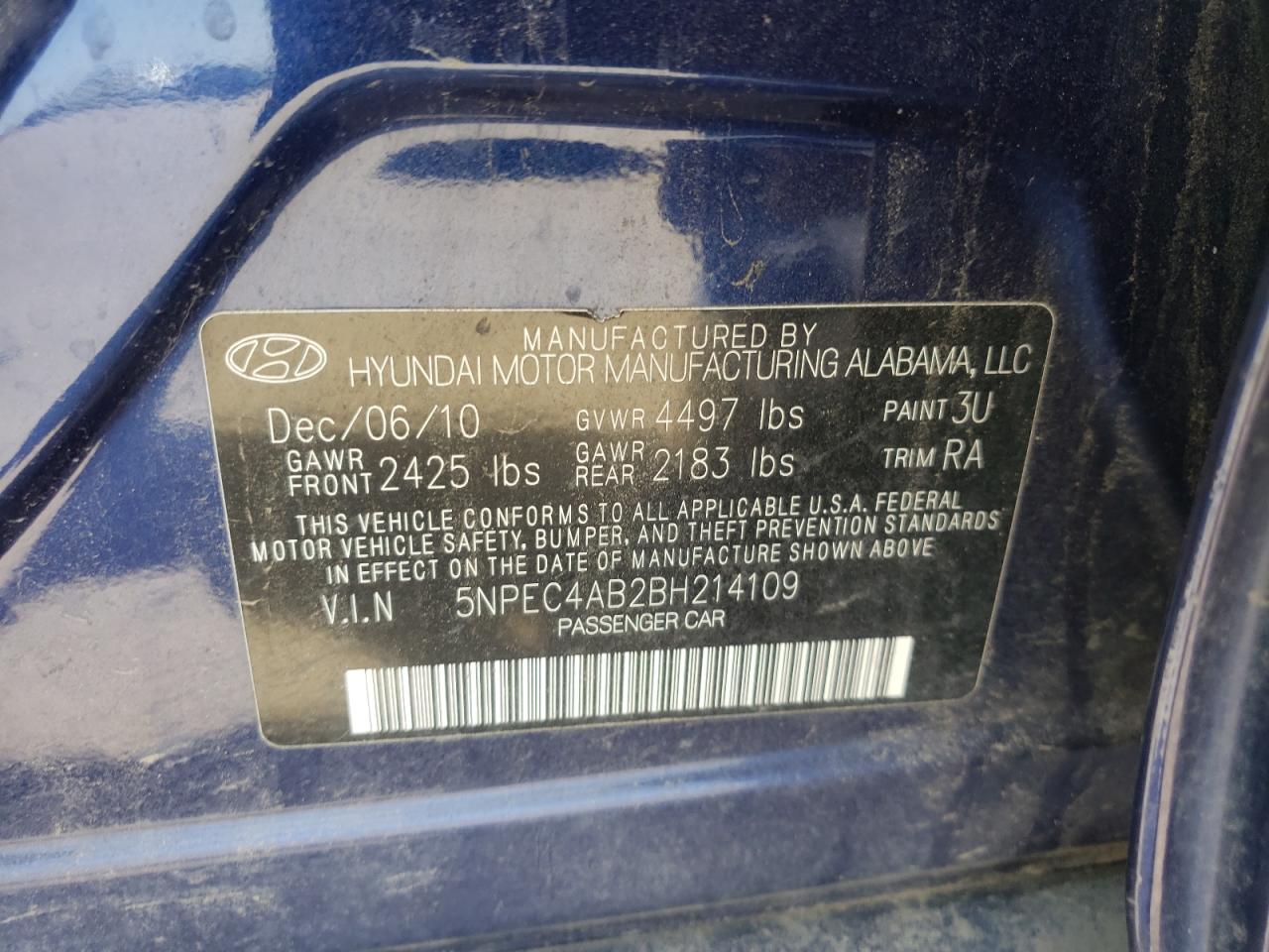 Photo 10 from auction – 2011 HYUNDAI SONATA SE with VIN 5NPEC4AB2BH214109