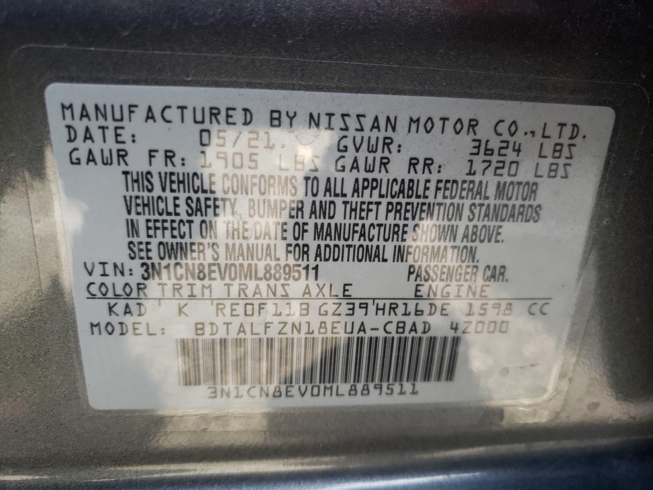 Photo 10 from auction – 2021 NISSAN VERSA SV with VIN 3N1CN8EV0ML889511