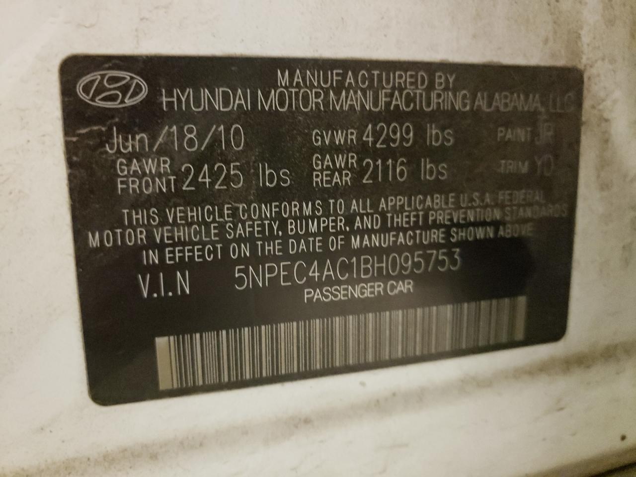Photo 10 from auction – 2011 HYUNDAI SONATA SE with VIN 5NPEC4AC1BH095753