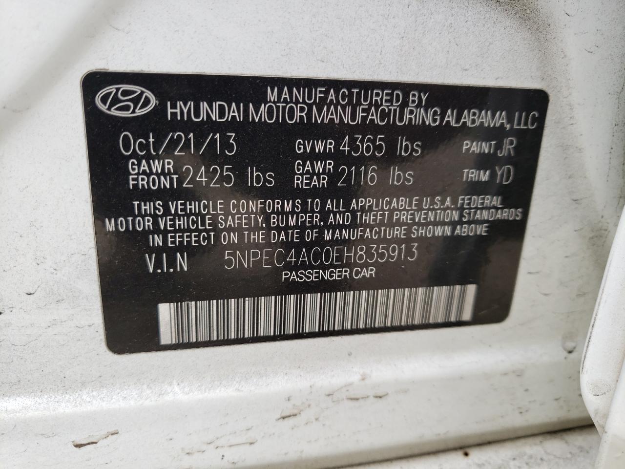 Photo 10 from auction – 2014 HYUNDAI SONATA SE with VIN 5NPEC4AC0EH835913