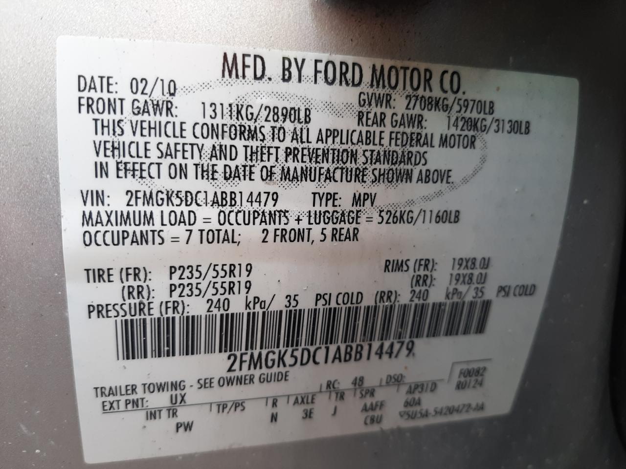 Photo 10 from auction – 2010 FORD FLEX LIMIT with VIN 2FMGK5DC1ABB14479