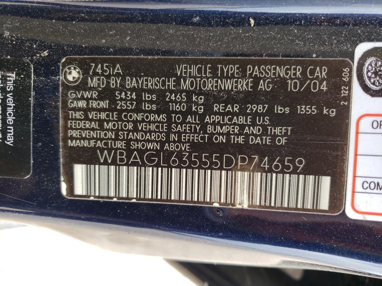 Photo 10 from auction – 2005 BMW 745 I with VIN WBAGL63555DP74659
