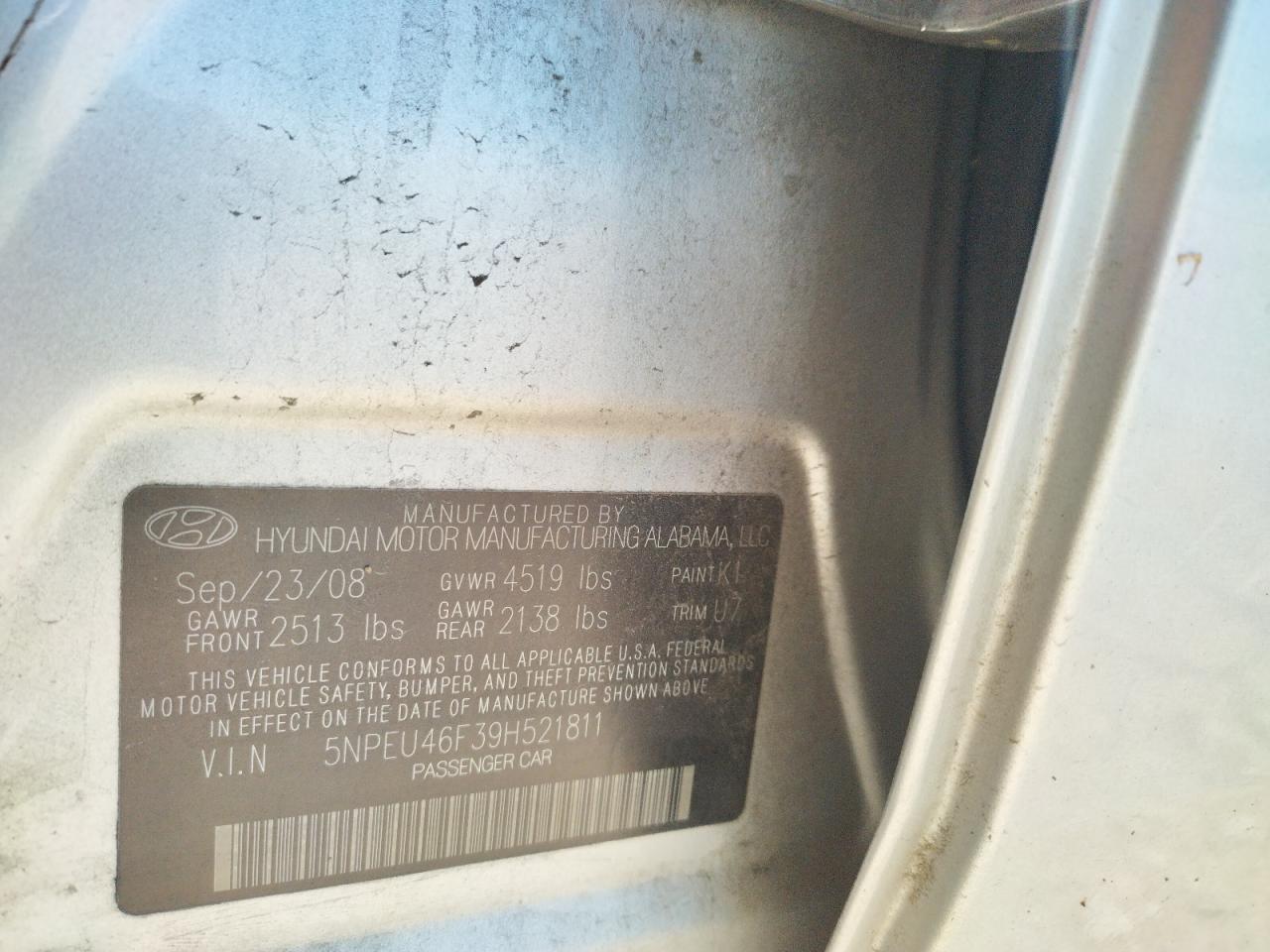 Photo 20 from auction – 2009 HYUNDAI SONATA SE with VIN 5NPEU46F39H521811
